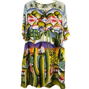 Rare Orientique Aust Art Deco Boho Dress with Pockets Abstract 100% Rayon Size L